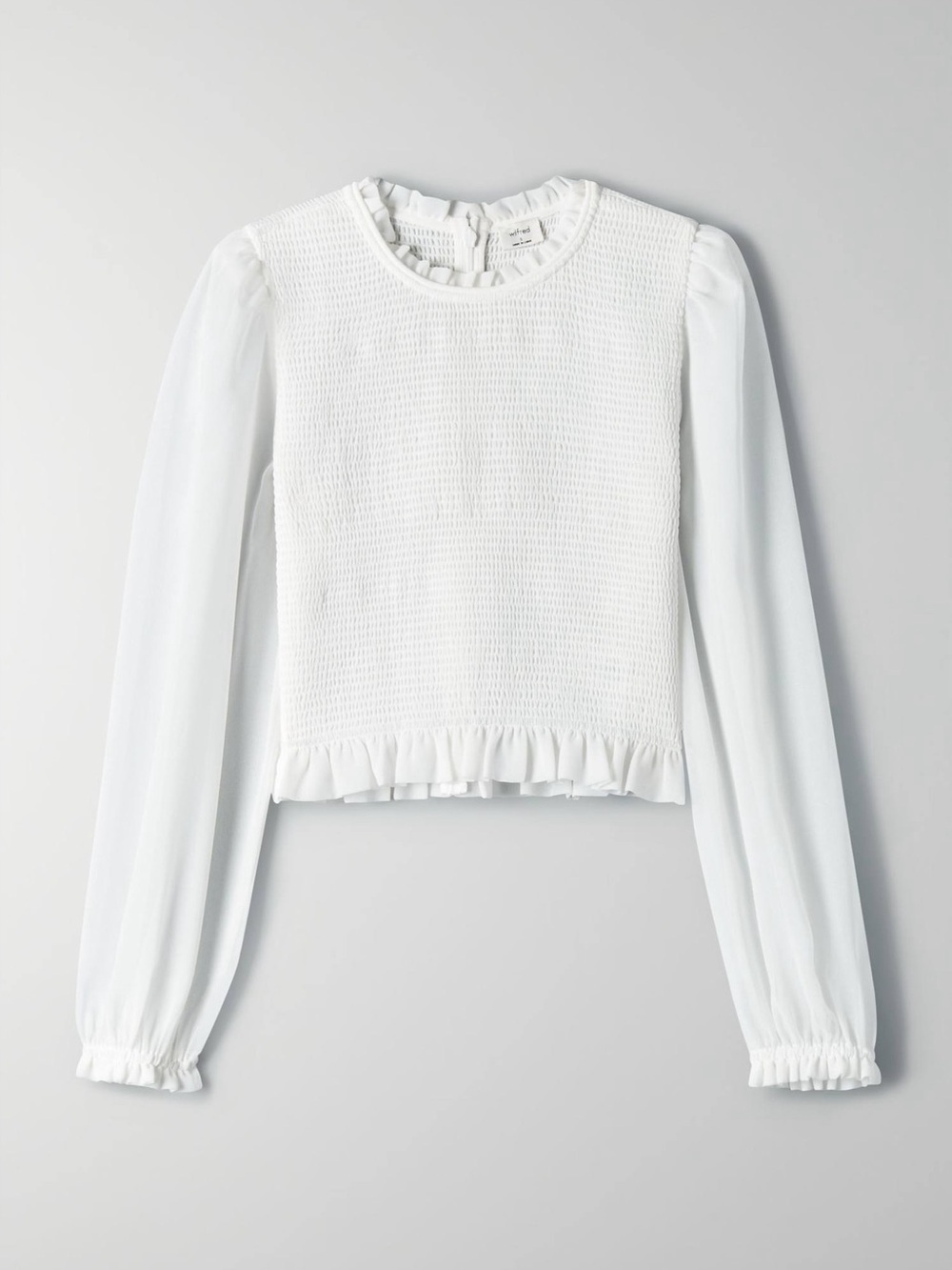 Aritzia Wilfred Tempest Blouse - Espace White Chiffon Long Sleeve Smocked Top